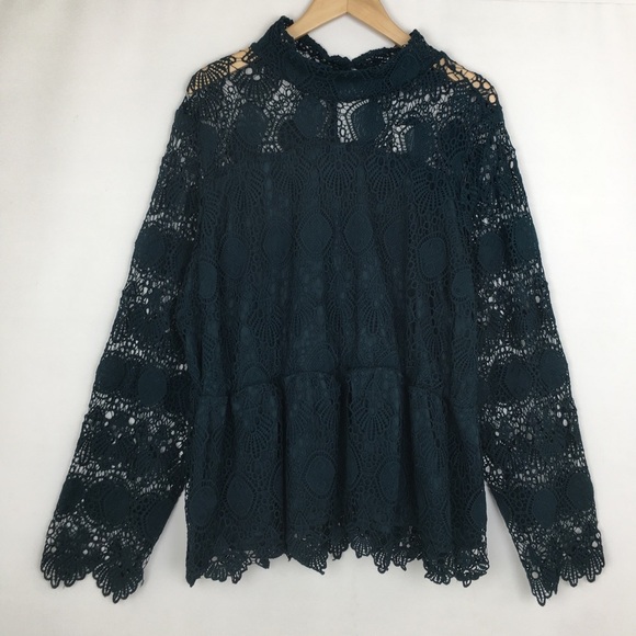 Lane Bryant Crochet Lace Peplum Tunic Top Women’s Mock Neck Blouse Dark Teal - Picture 3 of 16